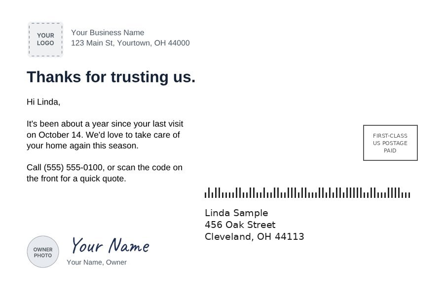 Sample postcard back: your logo and return address, a personal note that mentions the customer's last visit, your signature and photo, and the customer's mailing address