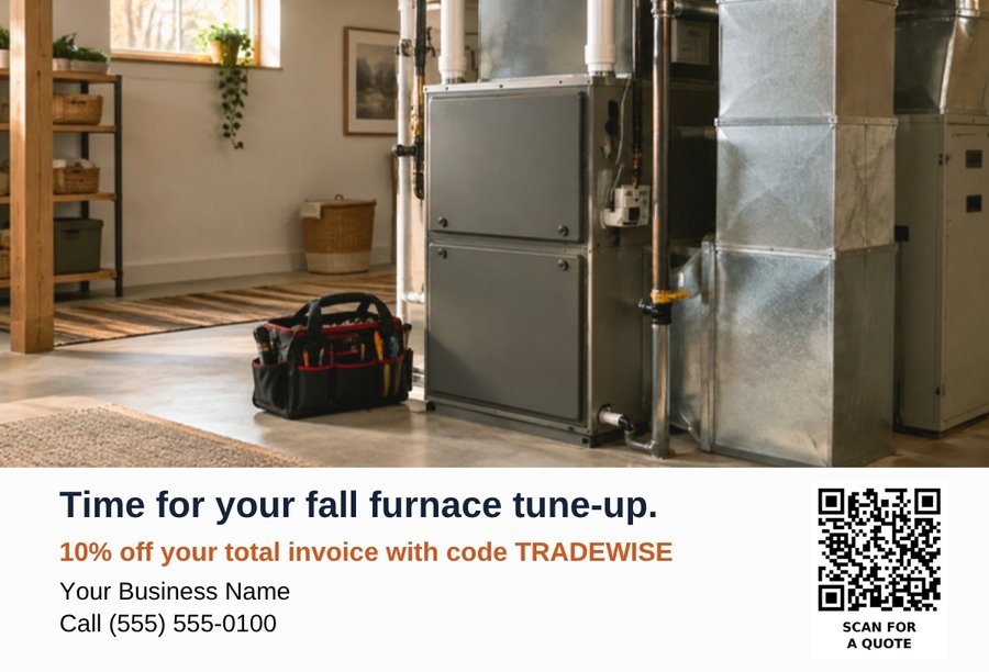 Sample HVAC postcard front: Time for your fall furnace tune-up, with your business name, phone and a QR code